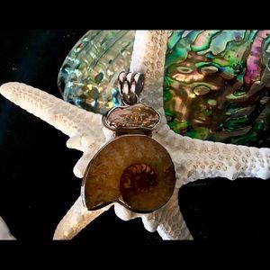 Sterling Silver, Ammonite and Pearl Pendant